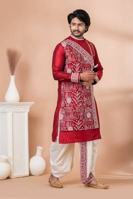 Red Viscose Thread Embroidered Dhoti and Angrakha Set 2
