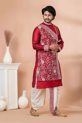 Red Viscose Thread Embroidered Dhoti and Angrakha Set