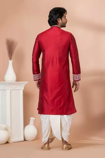 Red Viscose Thread Embroidered Dhoti and Angrakha Set