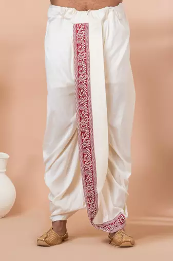 Red Viscose Thread Embroidered Dhoti and Angrakha Set