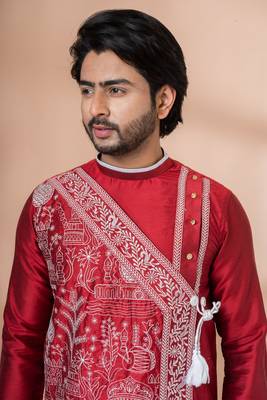 Red Viscose Thread Embroidered Dhoti and Angrakha Set 5
