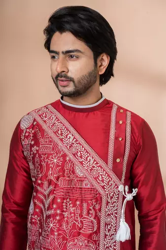 Red Viscose Thread Embroidered Dhoti and Angrakha Set