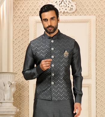gray silk nehru jacket kurta set with sequins work 3