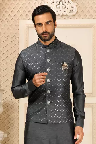 gray silk nehru jacket kurta set with sequins work