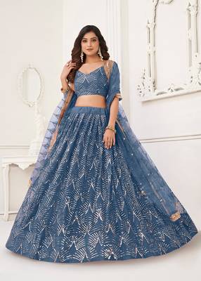 Butterfly Net Blue Lehenga Choli With Sequins Embroidery Work  3