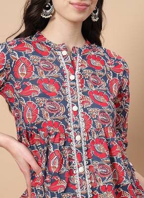  red cotton floral print peplum top with lace detailing 5