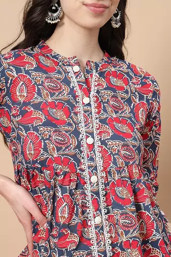  red cotton floral print peplum top with lace detailing