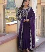 Women's purple faux georgette jacquard with sequins embroidered work wedding gown