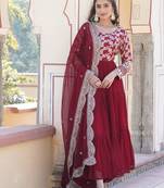 Women's maroon faux georgette jacquard with sequins embroidered work wedding gown