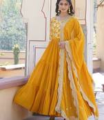 Women's yellow faux georgette jacquard with sequins embroidered work wedding gown