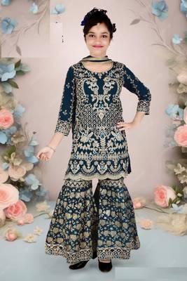 Dark Blue Georgette Threadwork Kids Sharara Suit 1
