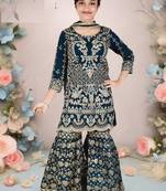 Dark Blue Georgette Threadwork Kids Sharara Suit