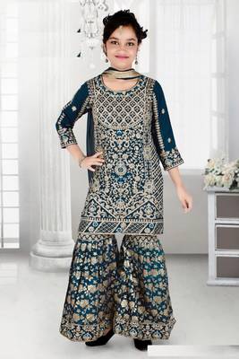 Aura heavy embroidery and stone hand work blue farsi jacquard sharara suit set 1