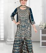 Aura heavy embroidery and stone hand work blue farsi jacquard sharara suit set
