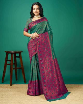 Kimisha women's green silk blend saree with unstitched blouse piece 1