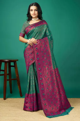 Kimisha women's green silk saree with unstitched blouse piece