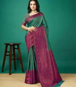 Kimisha women's green silk saree with unstitched blouse piece