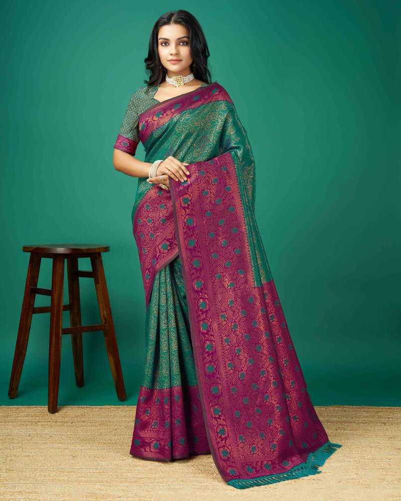 Kimisha women's green silk saree with unstitched blouse piece