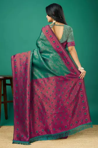 Kimisha women's green silk blend saree with unstitched blouse piece