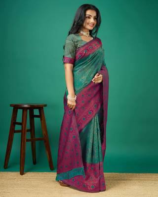 Kimisha women's green silk blend saree with unstitched blouse piece 3