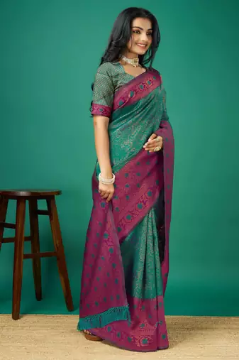 Kimisha women's green silk blend saree with unstitched blouse piece