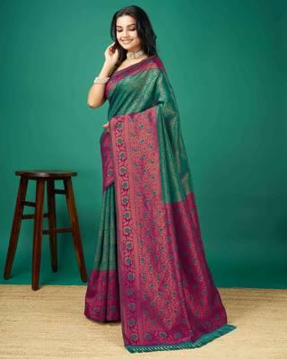 Kimisha women's green silk blend saree with unstitched blouse piece 4