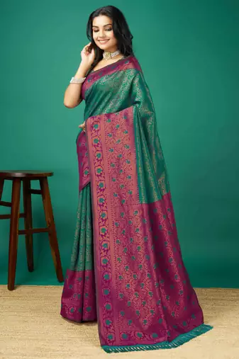 Kimisha women's green silk blend saree with unstitched blouse piece