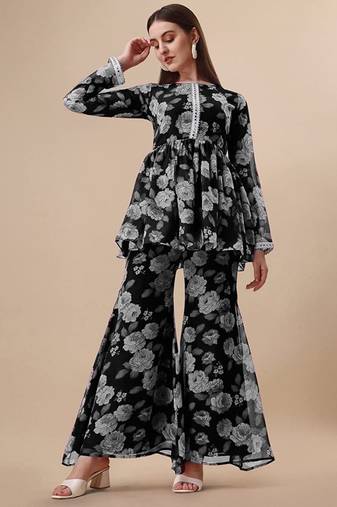 Ethnic black colour floral printed smart girlish sharara dress