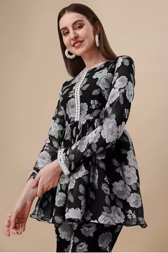 Ethnic black colour floral printed smart girlish sharara dress