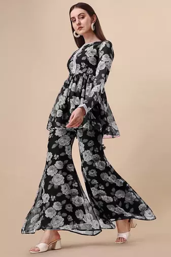 Ethnic black colour floral printed smart girlish sharara dress