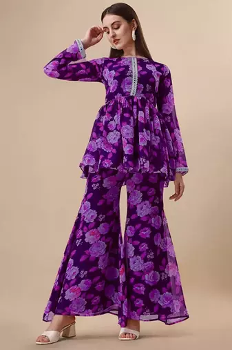 Ethnic purple colour floral printed smart girlish sharara dress