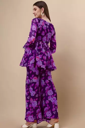 Ethnic purple colour floral printed smart girlish sharara dress
