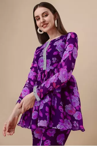 Ethnic purple colour floral printed smart girlish sharara dress