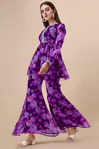 Ethnic purple colour floral printed smart girlish sharara dress