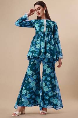 Ethnic teal blue colour floral printed smart girlish sharara dress 1