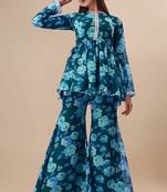 Ethnic teal blue colour floral printed smart girlish sharara dress