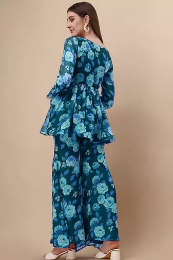 Ethnic teal blue colour floral printed smart girlish sharara dress
