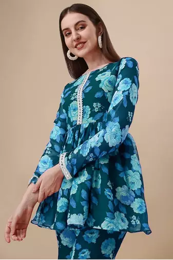 Ethnic teal blue colour floral printed smart girlish sharara dress