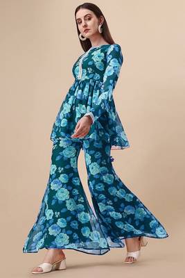 Ethnic teal blue colour floral printed smart girlish sharara dress 4