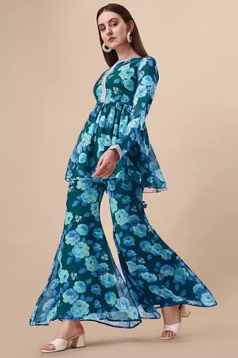 Ethnic teal blue colour floral printed smart girlish sharara dress