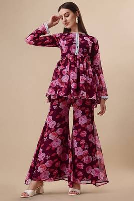 Ethnic wine colour floral printed smart girlish sharara dress 1