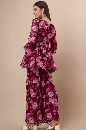 Ethnic wine colour floral printed smart girlish sharara dress