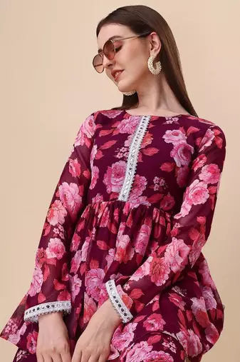 Ethnic wine colour floral printed smart girlish sharara dress