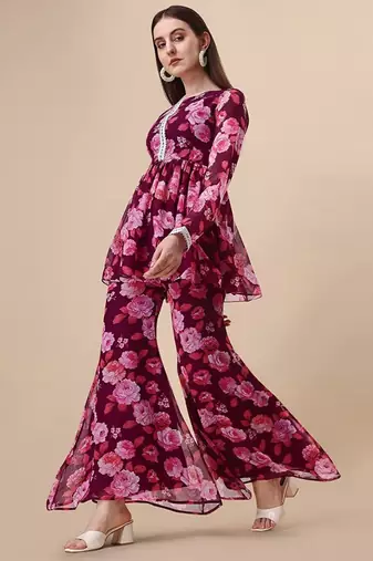 Ethnic wine colour floral printed smart girlish sharara dress