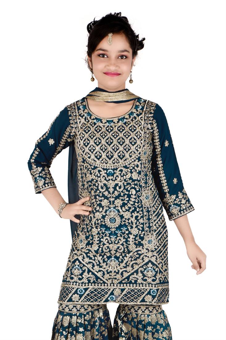 Aura heavy embroidery and stone hand work blue farsi jacquard sharara suit set