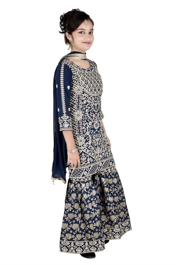 Aura heavy embroidery and stone hand work blue farsi jacquard sharara suit set