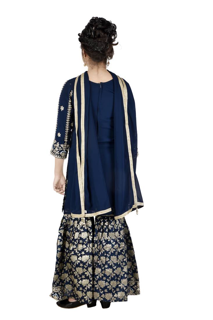 Aura heavy embroidery and stone hand work blue farsi jacquard sharara suit set