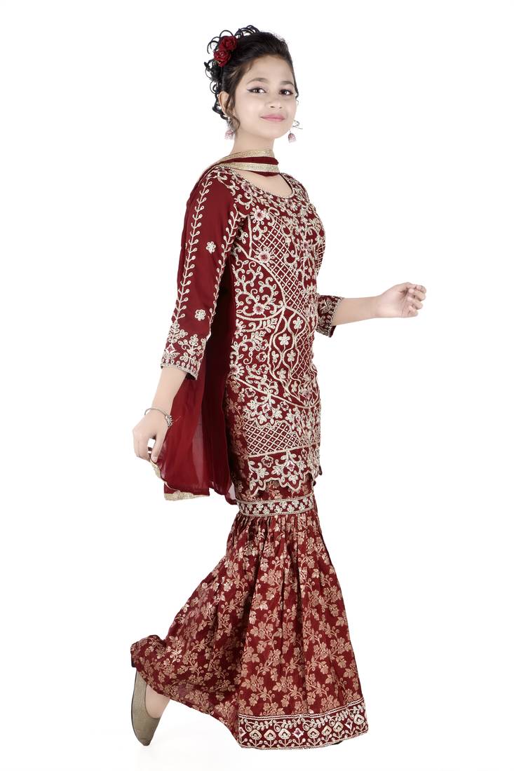 Maroon Partywear Sharara Suit for Kids