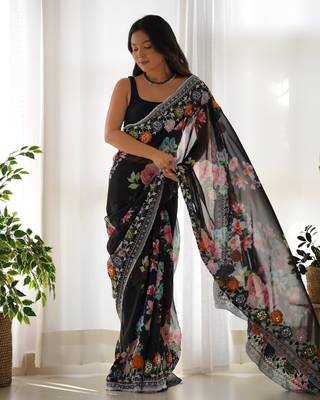 Black Colour Digital Print Georgette Fabric Heavy Work Saree With Un-Stitched Blouse 1