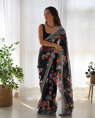 Black Colour Digital Print Georgette Fabric Heavy Work Saree With Un-Stitched Blouse 2